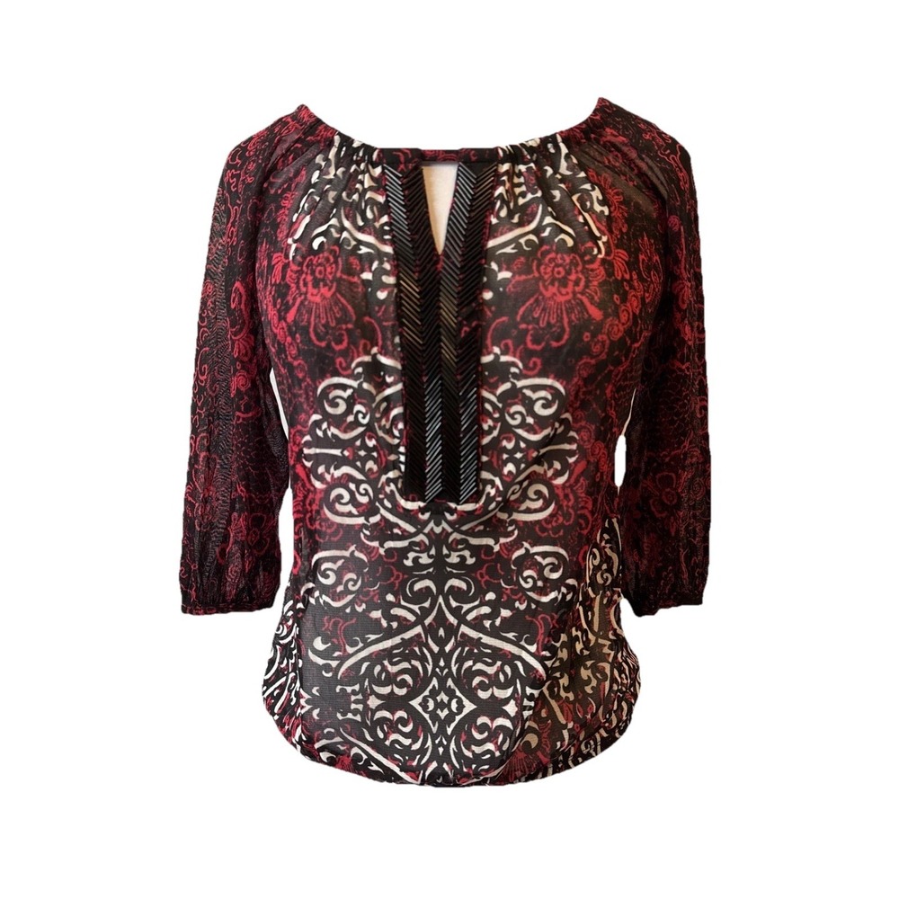 INC Sheer Red Black Floral Paisley‎ Beaded Blouse S Petite Whimsigoth Boho Chic